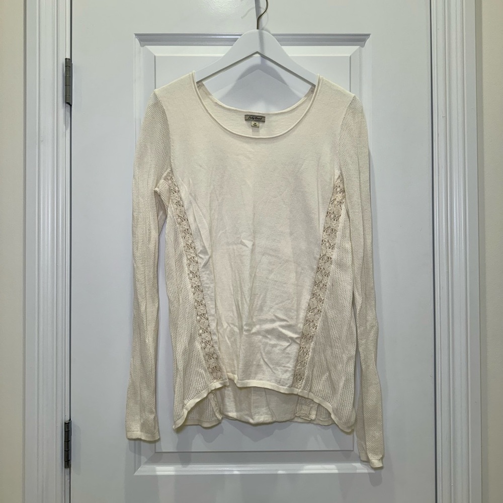 Lucky Brand Cream Ivory Lightweight Floral Lace Detail Knit Sweater Medium